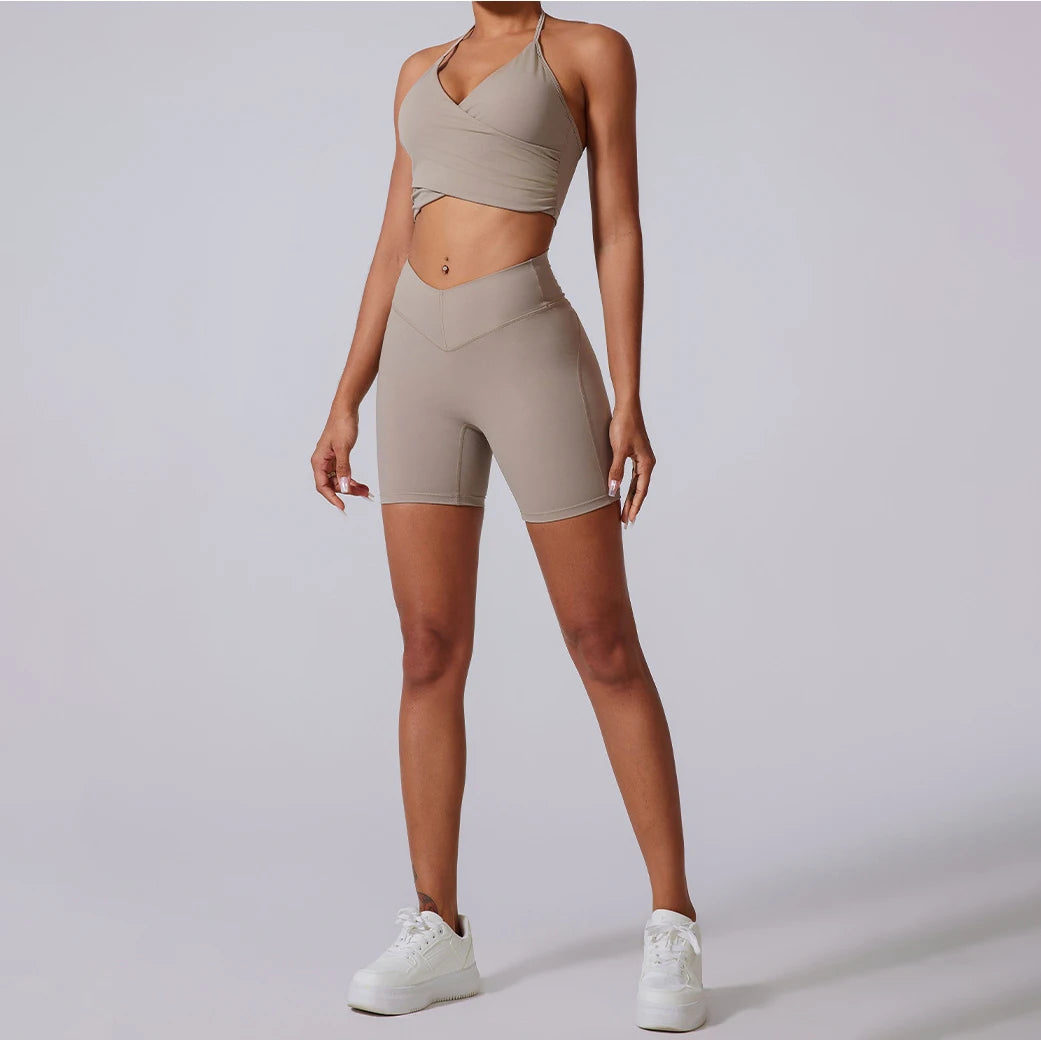 Autumn Fleece Gym Set – Sports Bra with Leggings or Shorts for Women