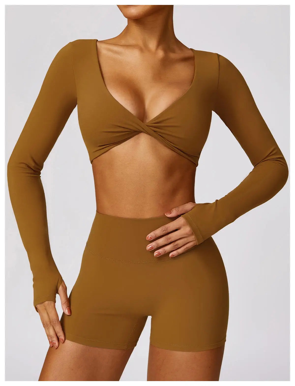 Yoga Fitness Set – Long Sleeve Top & Biker Shorts for Women