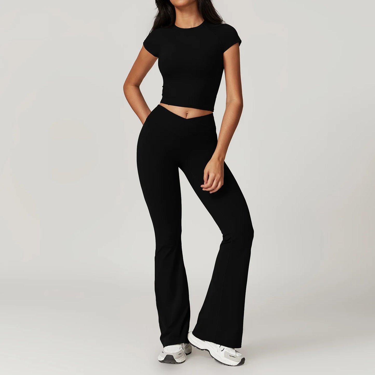 2 piece Tracksuit Short Sleeve - High Waist V Shape Flared Pants