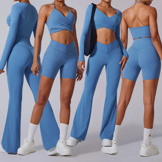 Autumn Fleece Gym Set – Sports Bra with Leggings or Shorts for Women