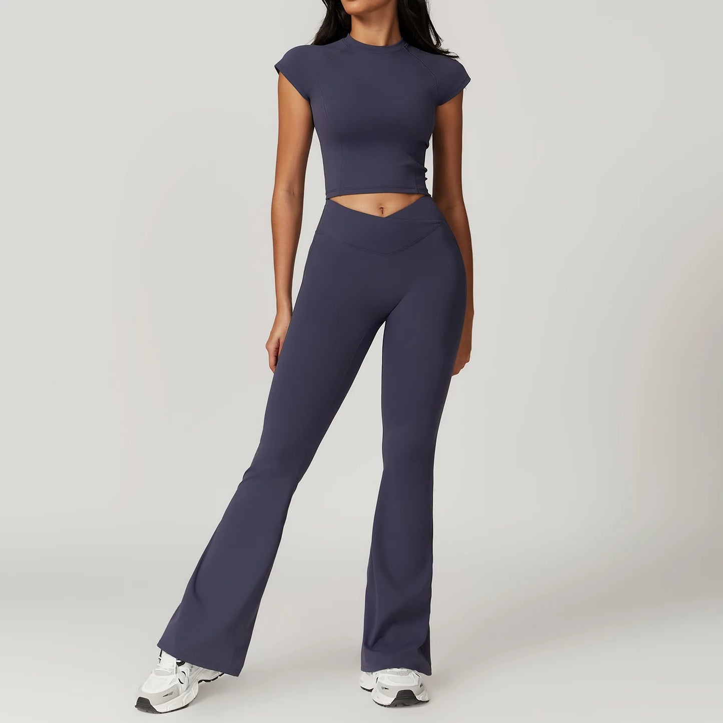 2 piece Tracksuit Short Sleeve - High Waist V Shape Flared Pants