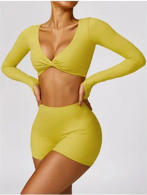 Yoga Fitness Set – Long Sleeve Top & Biker Shorts for Women