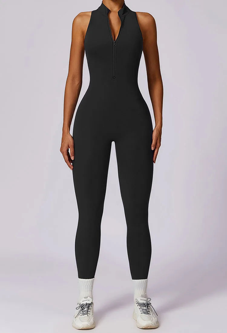 Fitness Jumpsuit – Stand Collar Zip Bodysuit with Hollow Back