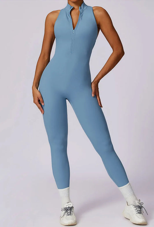 Fitness Jumpsuit – Stand Collar Zip Bodysuit with Hollow Back