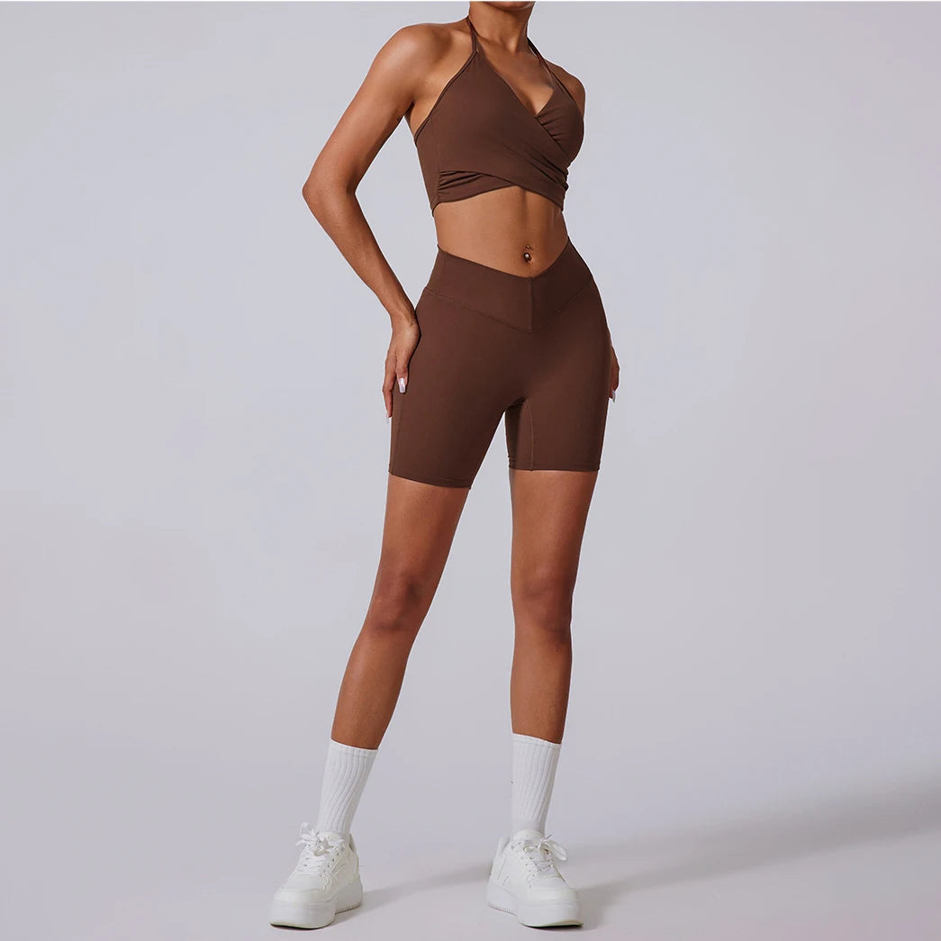 Autumn Fleece Gym Set – Sports Bra with Leggings or Shorts for Women