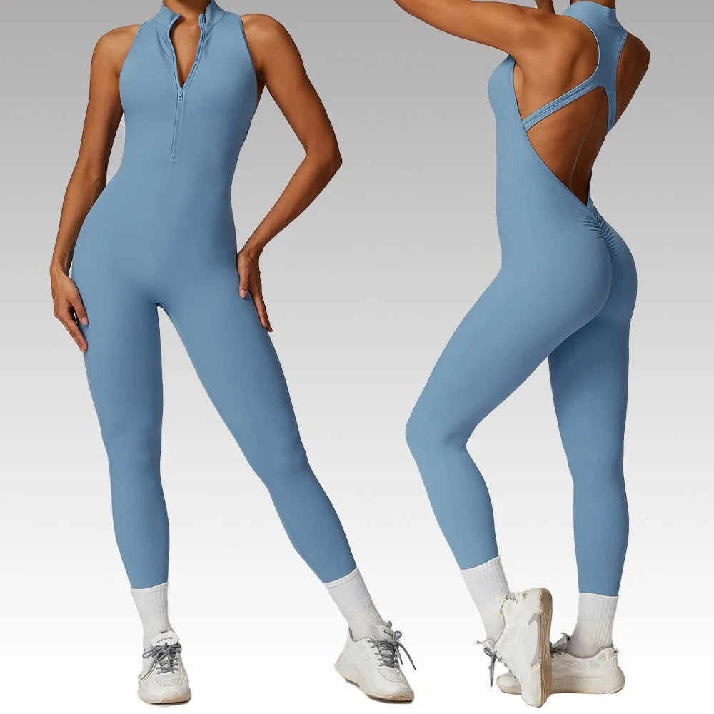 Fitness Jumpsuit – Stand Collar Zip Bodysuit with Hollow Back