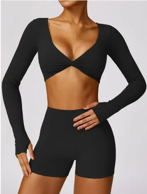 Yoga Fitness Set – Long Sleeve Top & Biker Shorts for Women