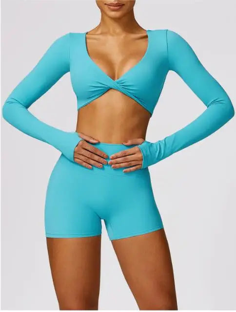 Yoga Fitness Set – Long Sleeve Top & Biker Shorts for Women