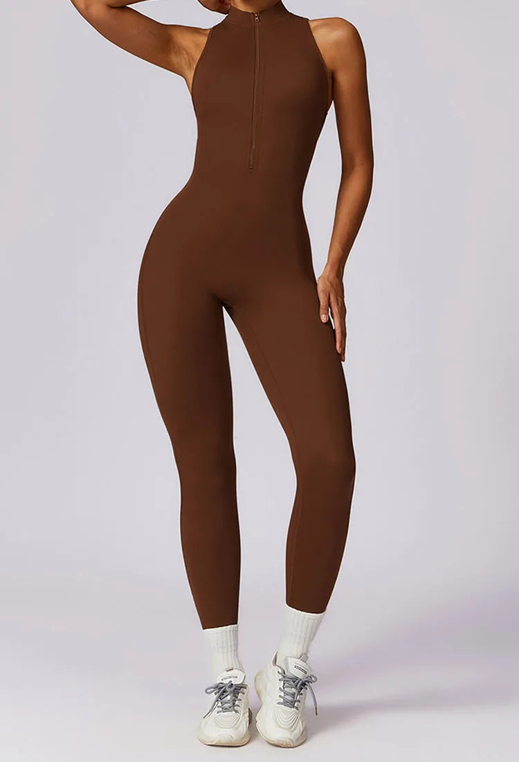 Fitness Jumpsuit – Stand Collar Zip Bodysuit with Hollow Back