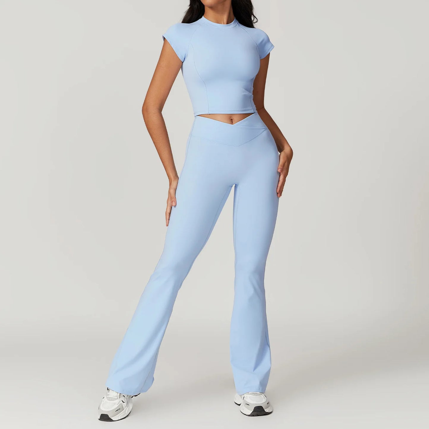 2 piece Tracksuit Short Sleeve - High Waist V Shape Flared Pants