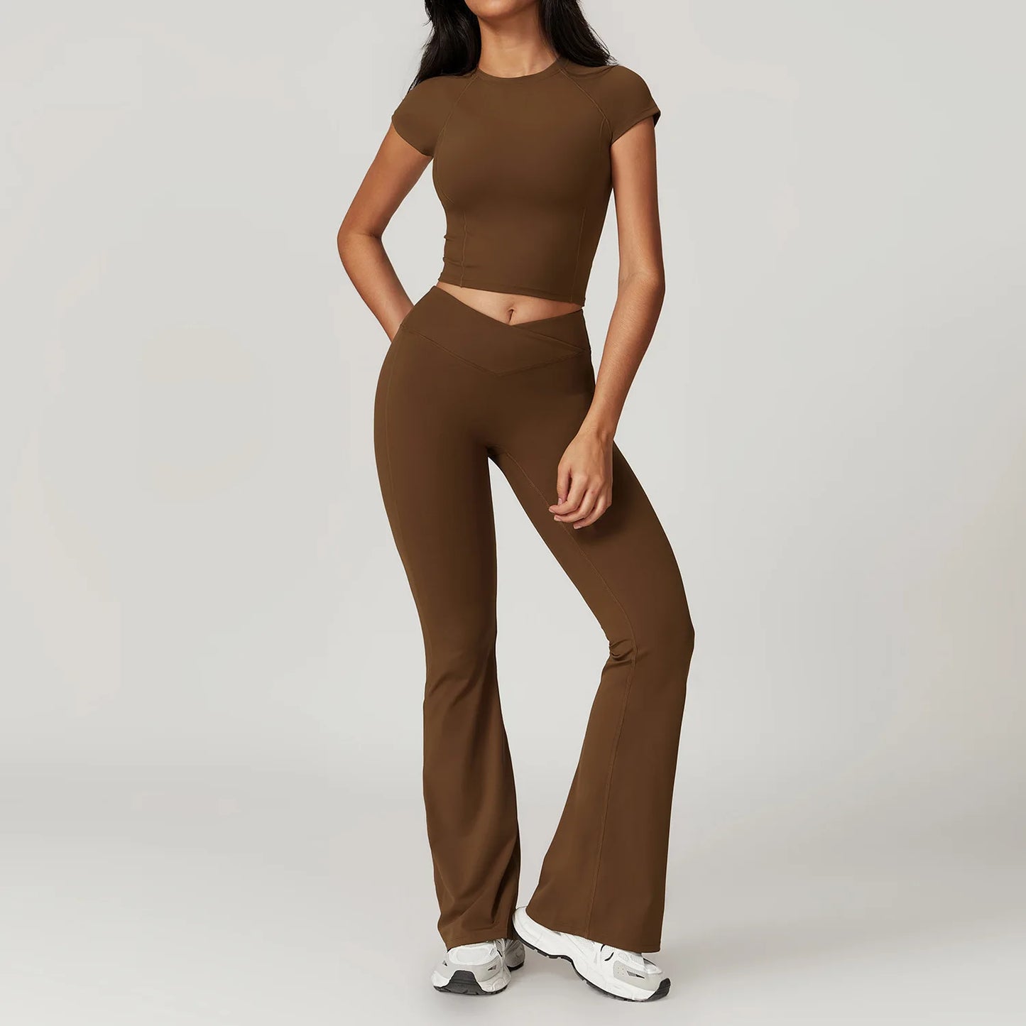 2 piece Tracksuit Short Sleeve - High Waist V Shape Flared Pants