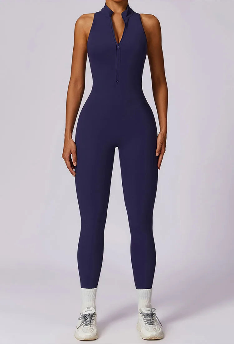 Fitness Jumpsuit – Stand Collar Zip Bodysuit with Hollow Back
