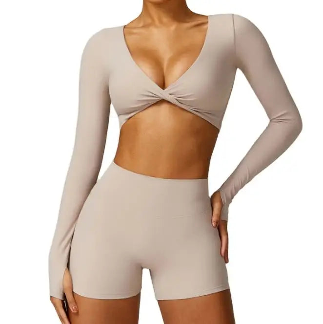 Yoga Fitness Set – Long Sleeve Top & Biker Shorts for Women