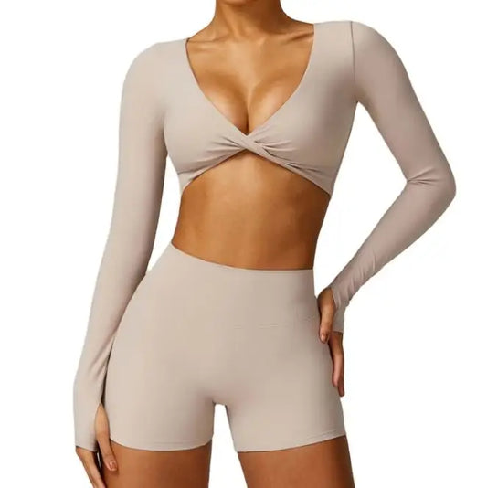 Yoga Fitness Set – Long Sleeve Top & Biker Shorts for Women