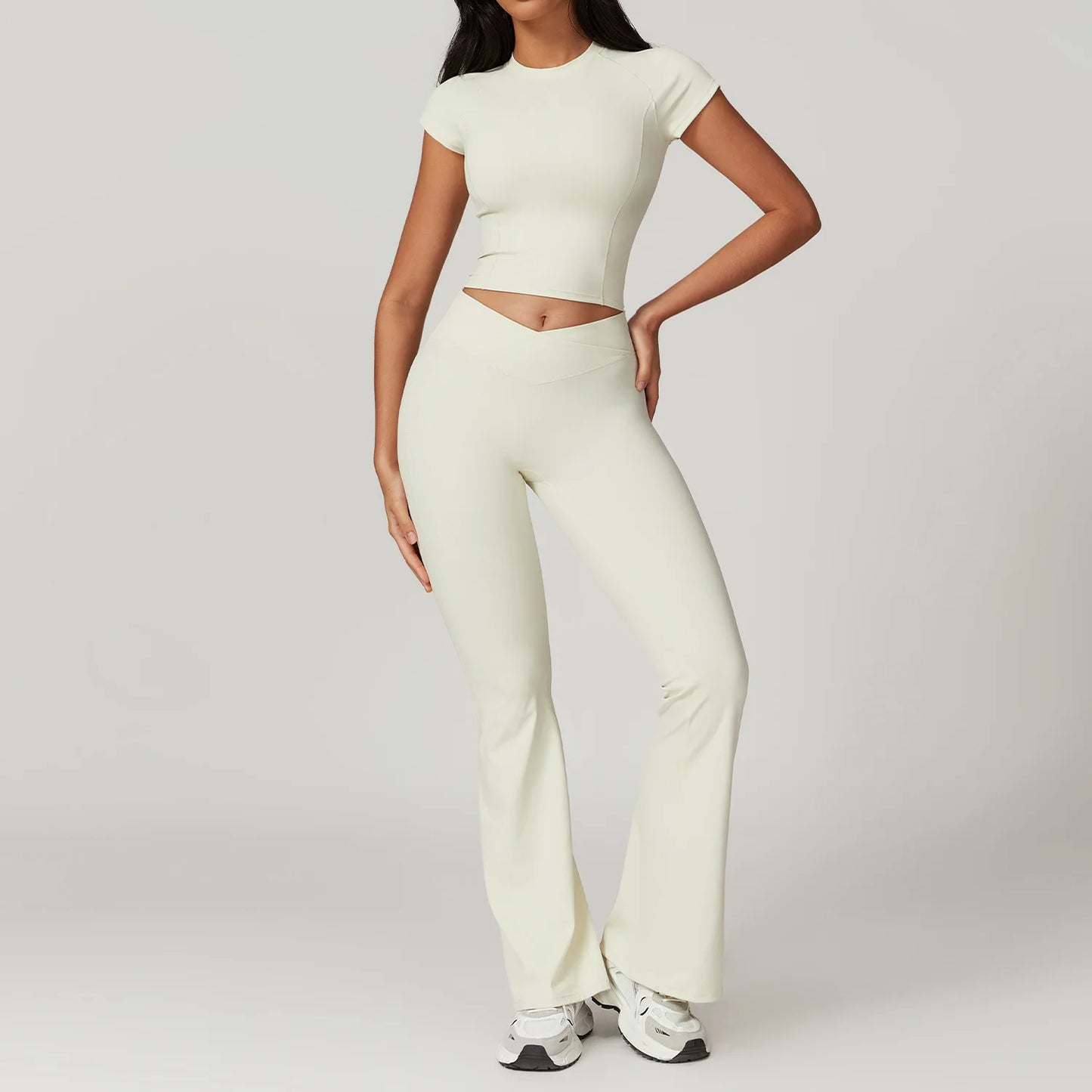 2 piece Tracksuit Short Sleeve - High Waist V Shape Flared Pants