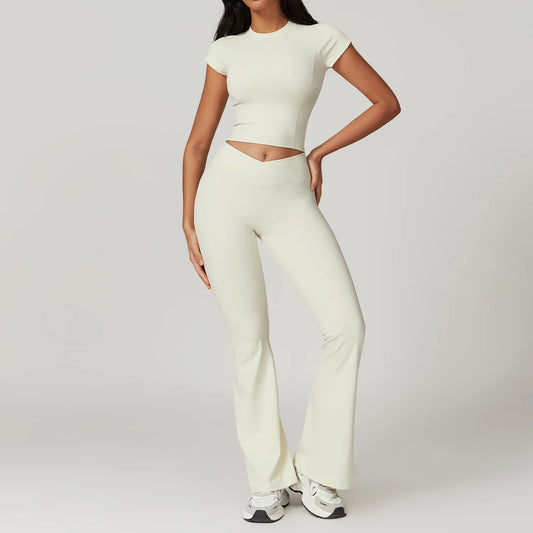 2 piece Tracksuit Short Sleeve - High Waist V Shape Flared Pants