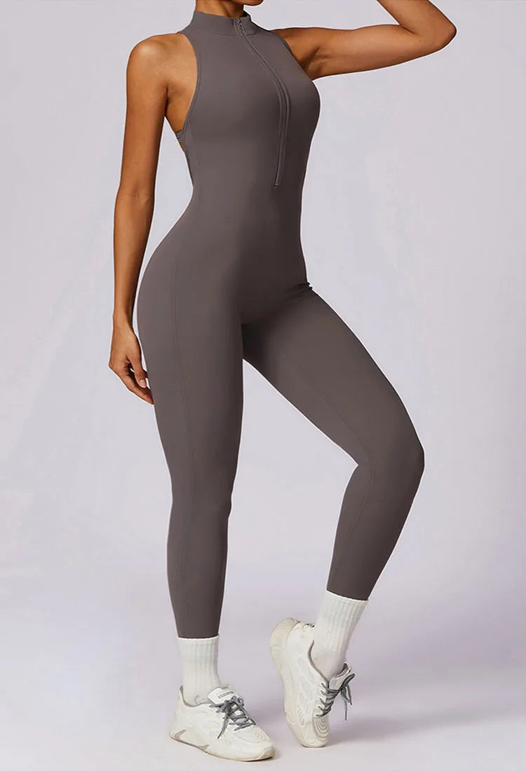 Fitness Jumpsuit – Stand Collar Zip Bodysuit with Hollow Back