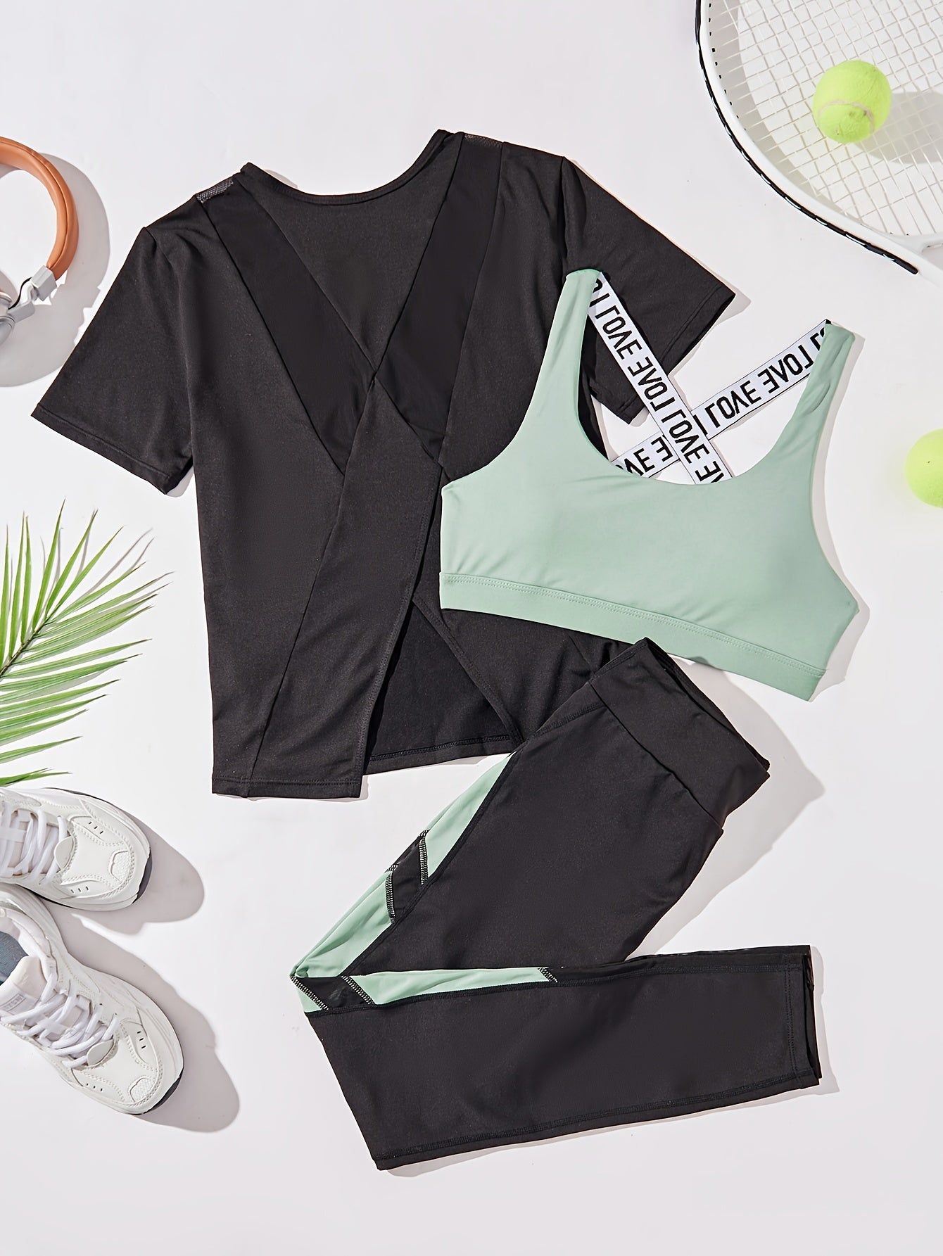 Sports Bra, T-Shirt & Leggings Set
