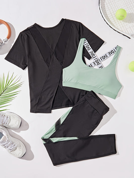Sports Bra, T-Shirt & Leggings Set