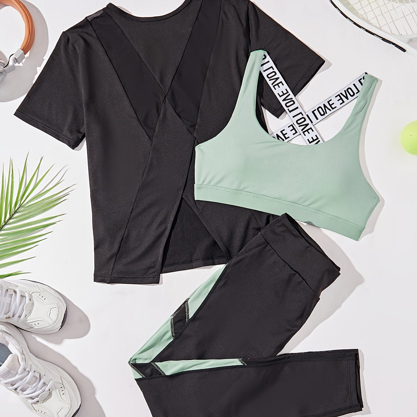 Sports Bra, T-Shirt & Leggings Set